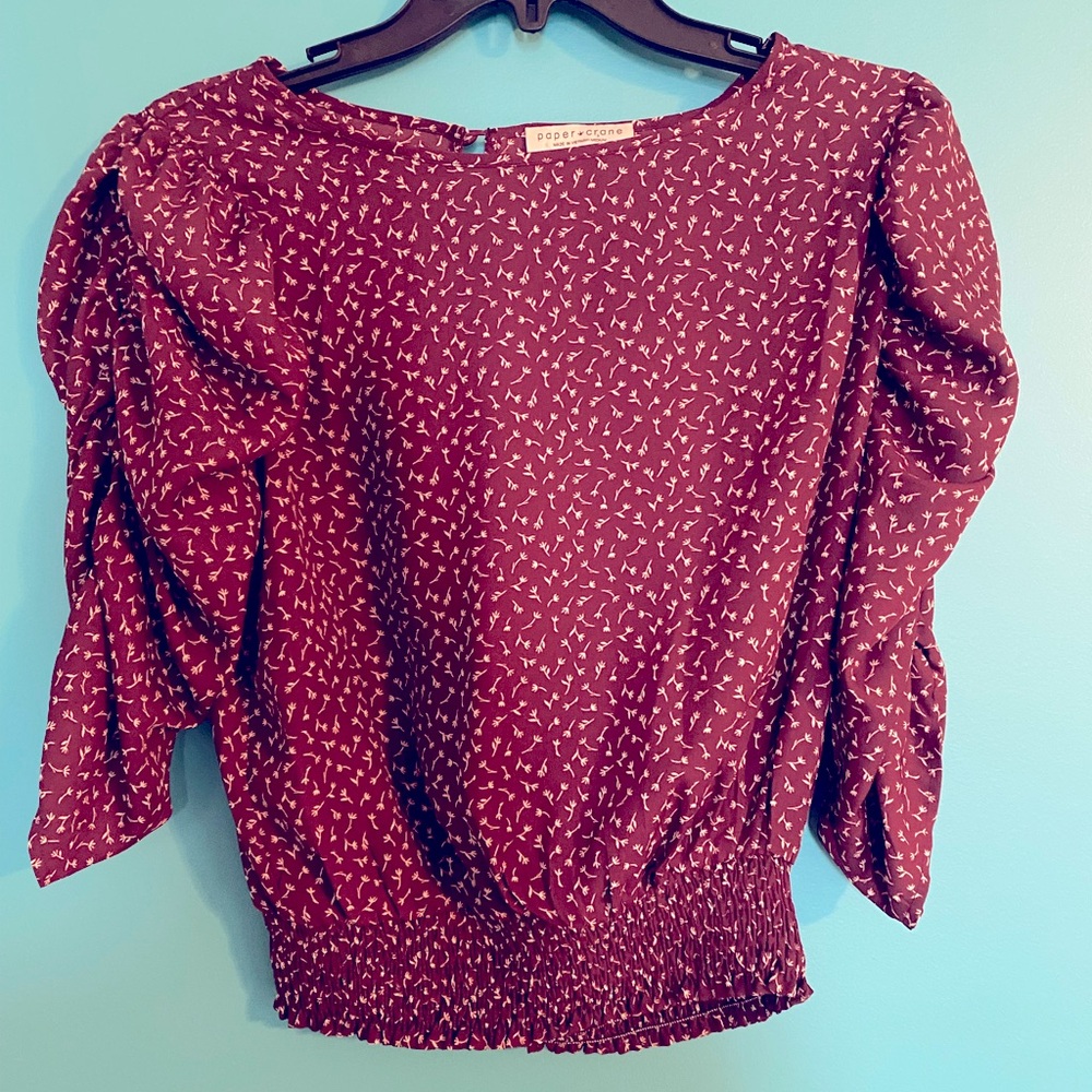 Paper Crane maroon smocked hem top Size M